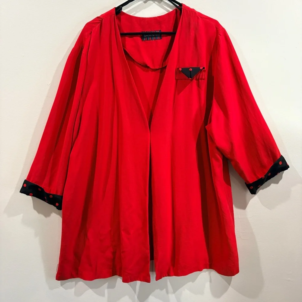 Red Open Front Cardigan with Polka Dot Cuffs‎